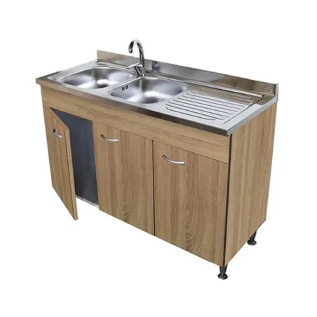 Sottolavello Rovere 3 Ante 120 Cm Con Lavello Inox 2 Vasche