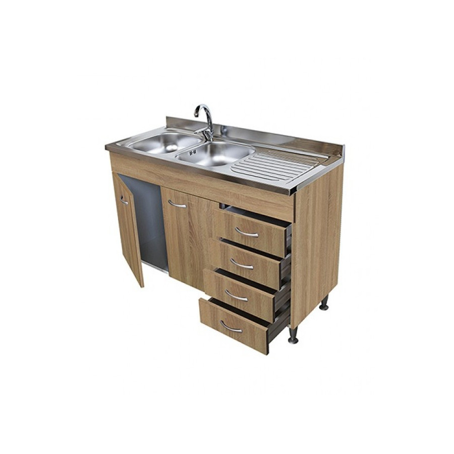 Sottolavello Rovere 120 Cm 2 Ante 4 Cassetti Con Lavello Inox
