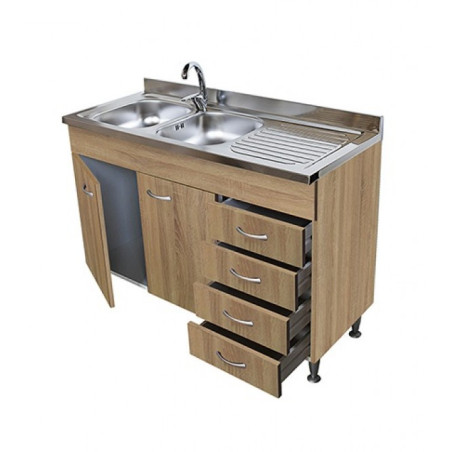 Sottolavello Rovere 120 Cm 2 Ante 4 Cassetti Con Lavello Inox