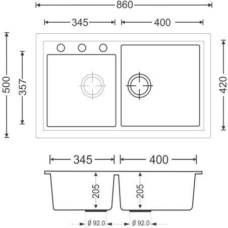 Lavello 2 vasche granito 860x500 incasso Nero