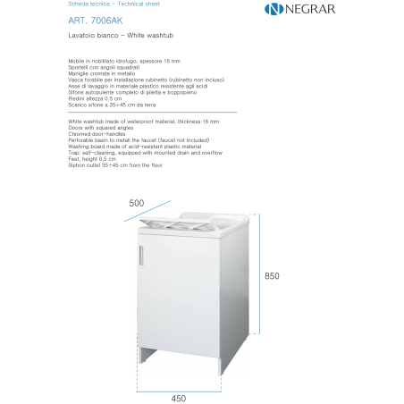 Lavatoio Negrari 7006AK 45x50x85 cm bianco monoanta
