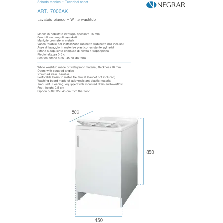 Lavatoio Negrari 7006AK Bianco 45x50x85 cm Monoanta