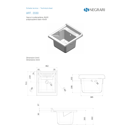 Lavatoio Negrari 7006AK 45x50x85 cm bianco monoanta