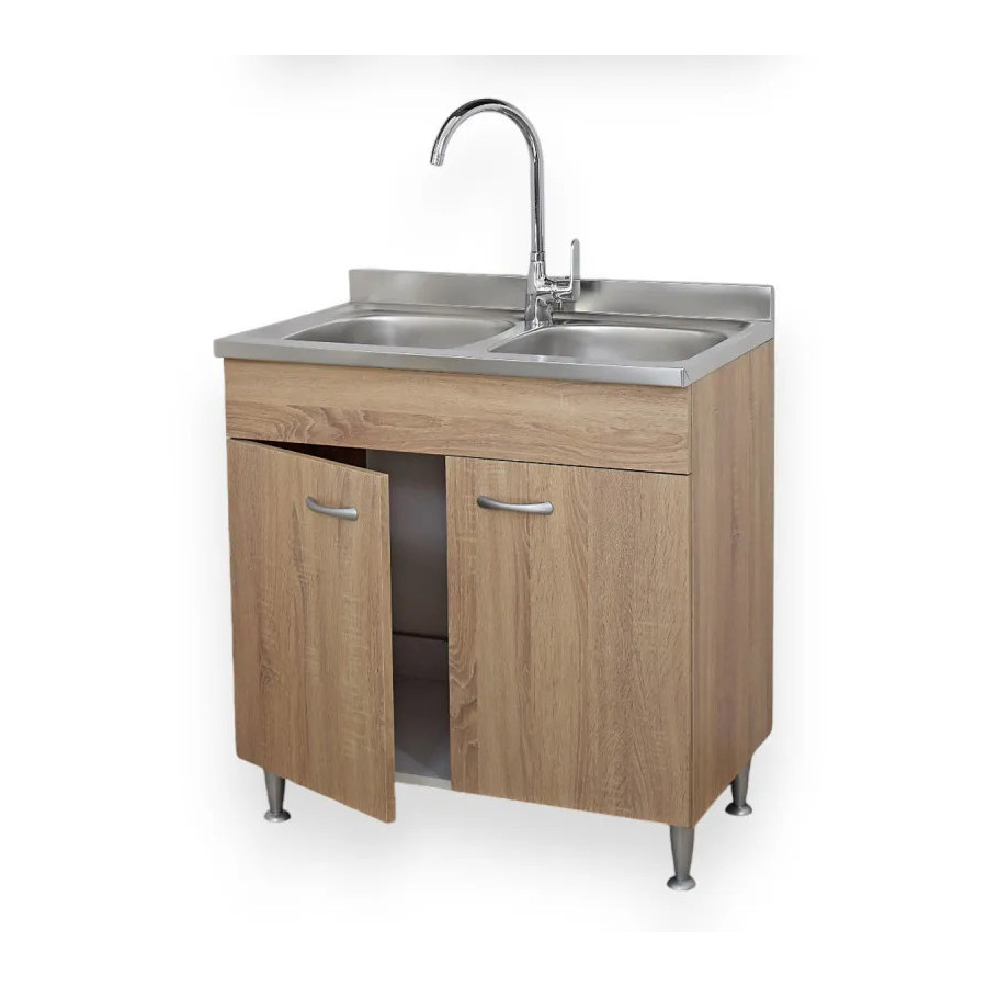 Sottolavello Rovere 80 cm 2 Ante con Lavello Inox 2 Vasche