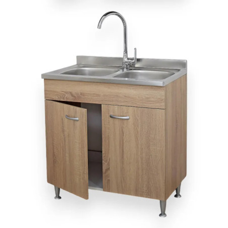 Sottolavello Rovere 80 cm 2 Ante con Lavello Inox 2 Vasche