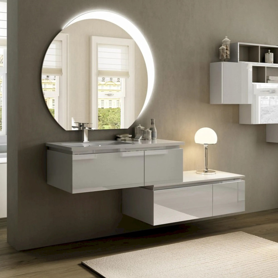 Mobile Bagno Avril 100CM Bianco Lucido con Lavabo e Specchio LED