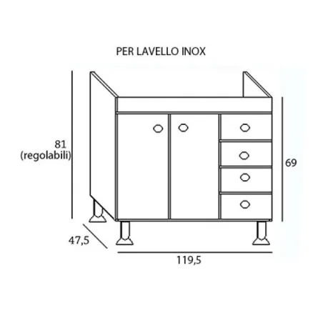 Sottolavello Rovere 120 Cm 2 Ante 4 Cassetti Con Lavello Inox