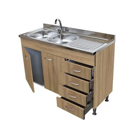 Sottolavello Rovere 120 Cm 2 Ante 4 Cassetti Con Lavello Inox