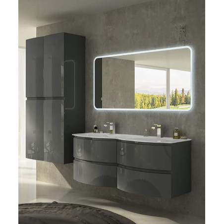 Mobile bagno Vague antracite,cm 138, con specchio a led, doppio lavabo e colonna