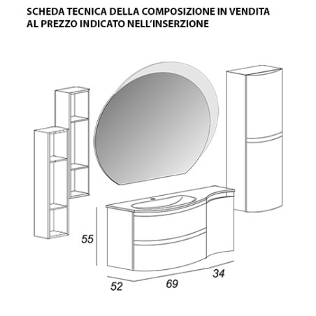 Mobile bagno Vague bianco lucido,104cm, specchio a led, lavabo,colonna e pensili