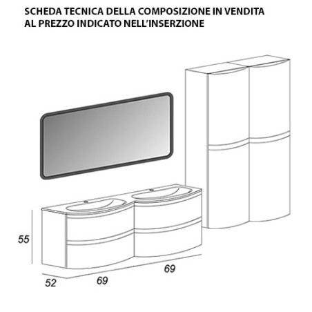 Mobile bagno Vague antracite,cm 138, con specchio a led, doppio lavabo e colonna