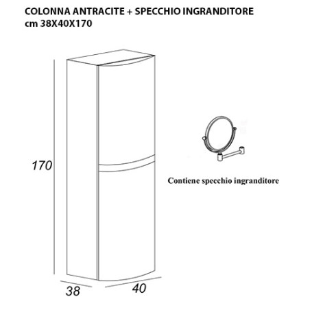 Mobile bagno Vague antracite,cm 138, con specchio a led, doppio lavabo e colonna