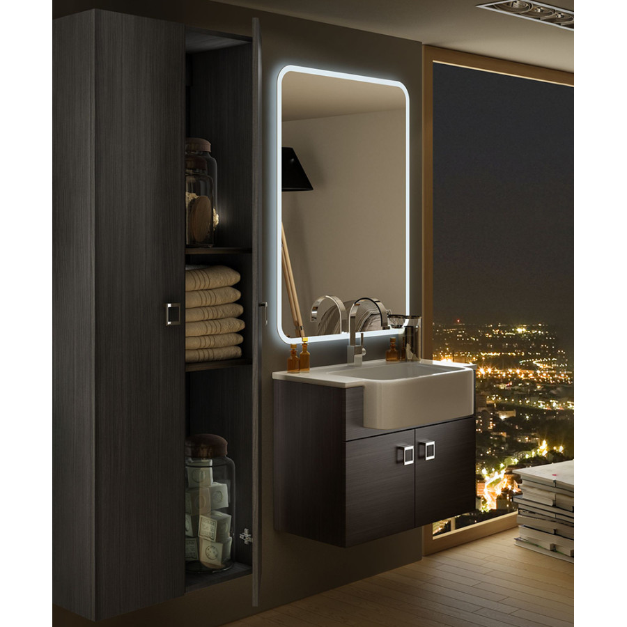 Mobile bagno sospeso moderno Florida grigio, misura cm 70, con specchio a led,lavabo e colonna