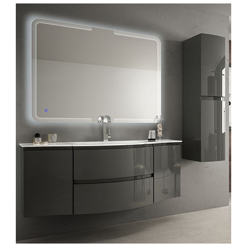 Mobile bagno sospeso Vague antracite, cm 138, lavabo in vetro e specchio led