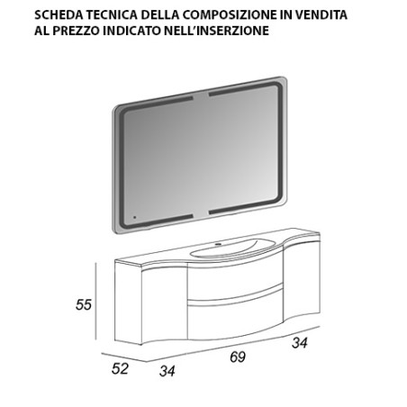 Mobile bagno sospeso Vague antracite, cm 138, lavabo in vetro e specchio led
