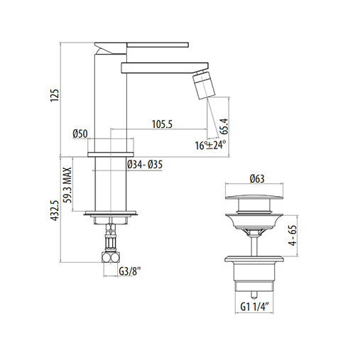 Rubinetto miscelatore bagno bidet con piletta di scarico, cromo,Gattoni art.8050