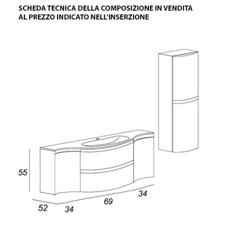 Mobile bagno sospeso Vague antracite, cm 138, lavabo in vetro e colonna