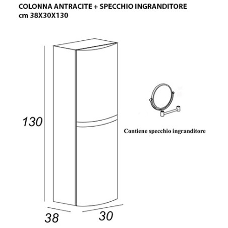 Mobile bagno sospeso Vague antracite, cm 138, lavabo in vetro e colonna