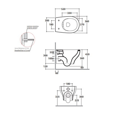 Sanitari bagno vaso wc water sospeso,senza brida,compatibile,Grace Globo,bianco