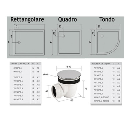 Piatto doccia acrilico rinforzato cm H 5,5 x 90 x 90 bianco con piletta cromata filo/sopra pavimento