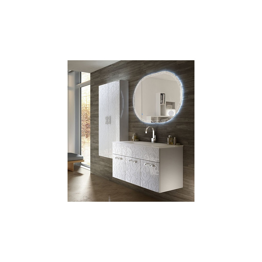 Mobile bagno sospeso moderno Floreale Miami bianco lucido, misura cm 100, con specchio a led,lavabo e colonna singola