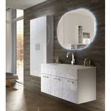 Mobile bagno sospeso moderno Floreale Miami bianco lucido, misura cm 100, con specchio a led,lavabo e colonna singola