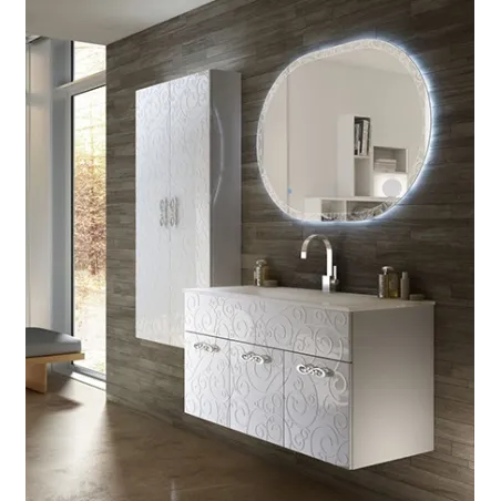 Mobile bagno sospeso moderno Floreale Miami bianco lucido, misura cm 100, con specchio a led,lavabo e colonna singola