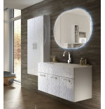 Mobile bagno sospeso moderno Floreale Miami bianco lucido, misura cm 100, con specchio a led,lavabo e colonna singola