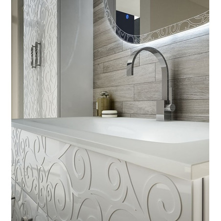 Mobile bagno sospeso moderno Floreale Miami bianco lucido, misura cm 100, con specchio a led,lavabo e colonna singola