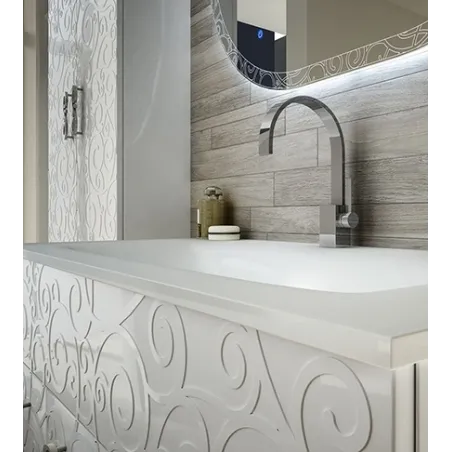 Mobile bagno sospeso moderno Floreale Miami bianco lucido, misura cm 100, con specchio a led,lavabo e colonna singola