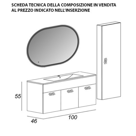 Mobile bagno sospeso moderno Floreale Miami bianco lucido, misura cm 100, con specchio a led,lavabo e colonna singola