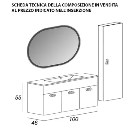 Mobile bagno sospeso moderno Floreale Miami bianco lucido, misura cm 100, con specchio a led,lavabo e colonna singola