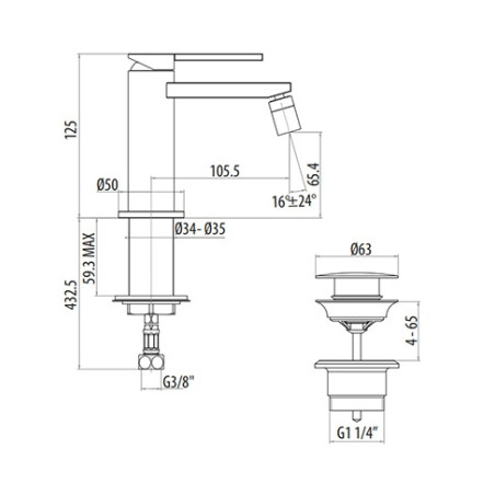 Rubinetto miscelatore bagno lavabo e bidet con pilette di scarico, art.8042+8050