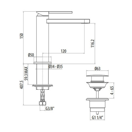 Rubinetto miscelatore bagno lavabo e bidet con pilette di scarico, art.8042+8050