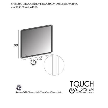 Specchiera specchio bagno filo lucido, retroilluminato a led, accensione con sensore touch, misura cm.90x100