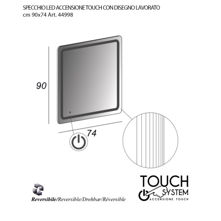 Specchiera specchio bagno filo lucido, retroilluminato a led, accensione con sensore touch, misura cm.90x74