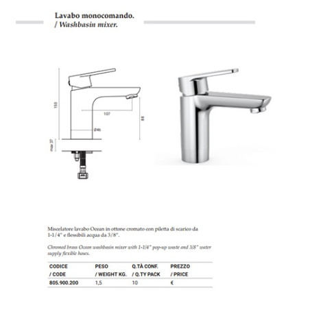 Rubinetto miscelatore monoforo bagno lavabo OCEAN con piletta, cromo