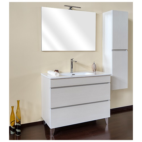 Mobile bagno sospeso frassino moire, 80cm, base con lavabo, specchio e colonna