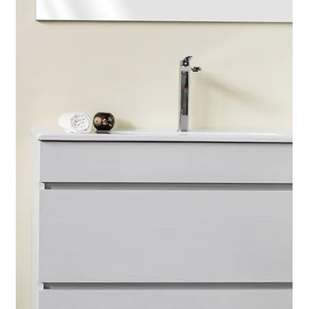 Mobile bagno sospeso frassino moire, 100cm, base con lavabo, specchio e colonna