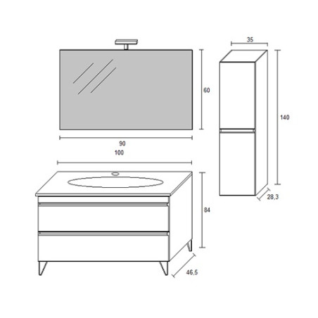Mobile bagno sospeso frassino moire, 100cm, base con lavabo, specchio e colonna