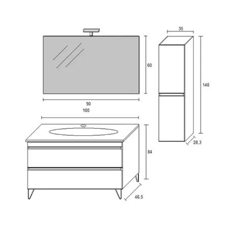Mobile bagno sospeso frassino moire, 100cm, base con lavabo, specchio e colonna