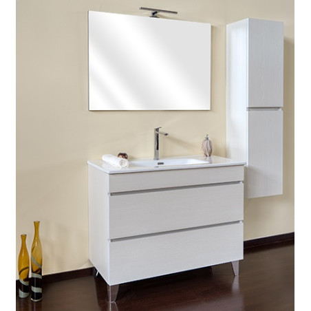 Mobile bagno sospeso frassino moire, 100cm, base con lavabo, specchio e colonna