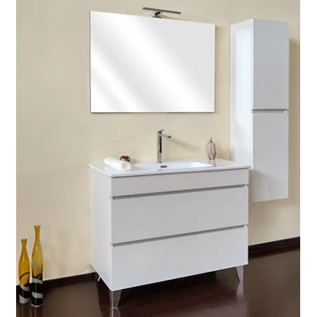 Mobile bagno sospeso frassino moire, 100cm, base con lavabo, specchio e colonna